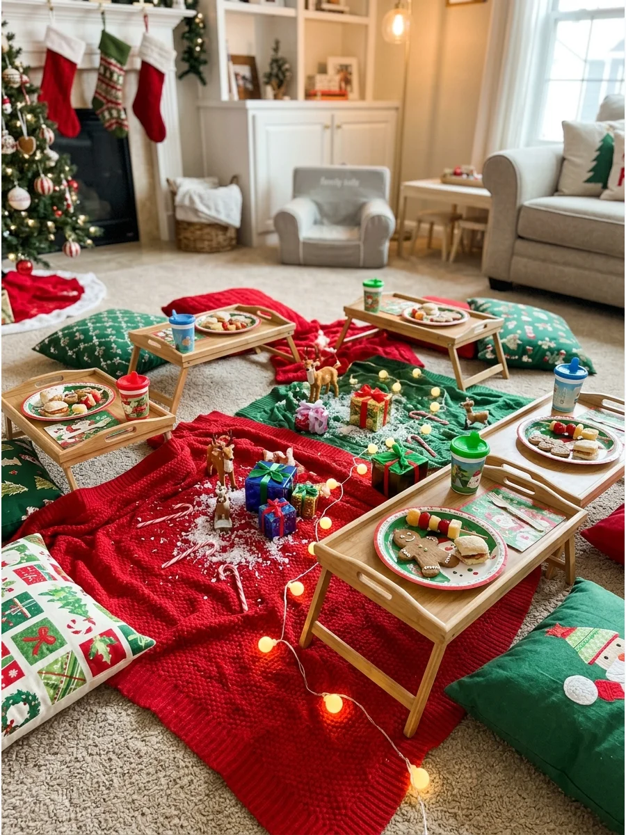 A cozy floor picnic setup with blankets and cushions for kids.