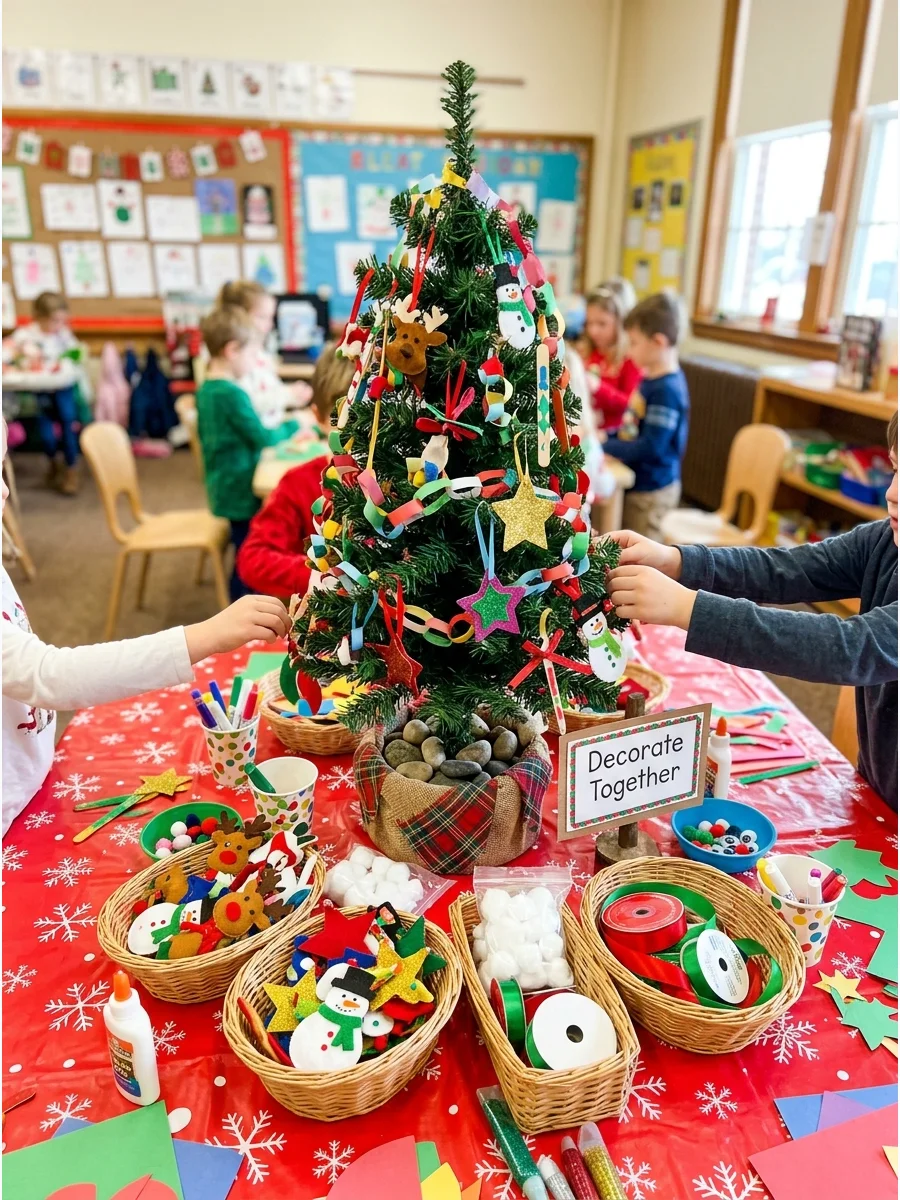 A small artificial tree on a table with handmade ornaments nearby.