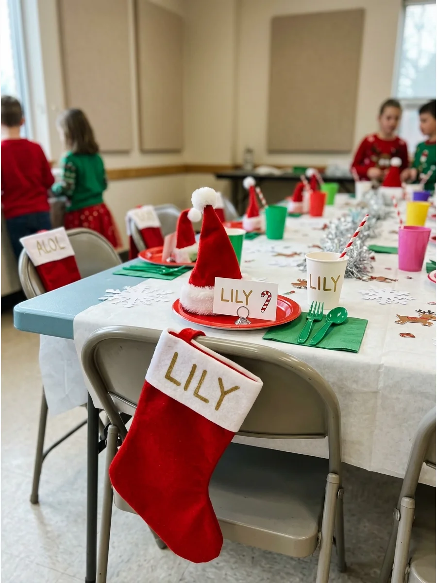 A personalized place setting for a child at a holiday party.
