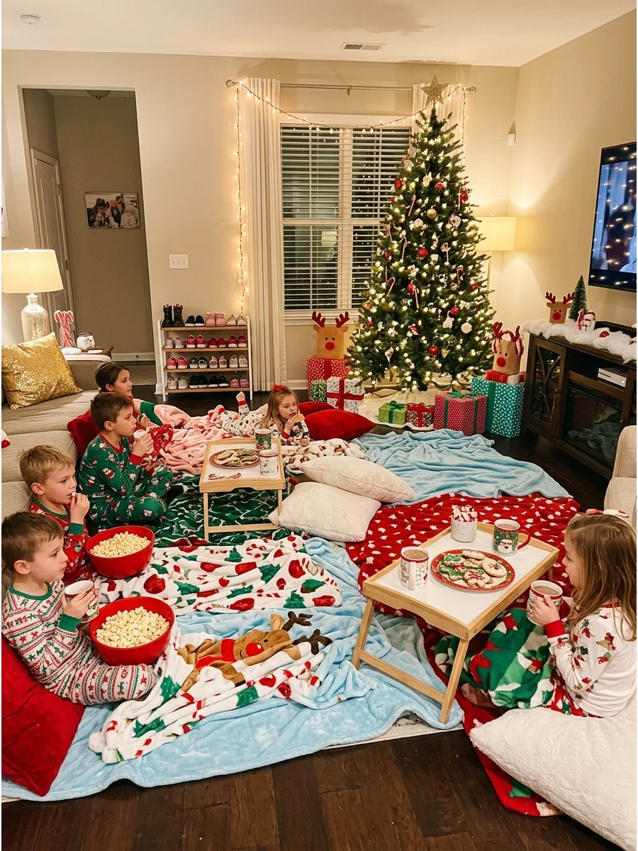 Living room floor covered in festive blankets and pillows for a pajama party.