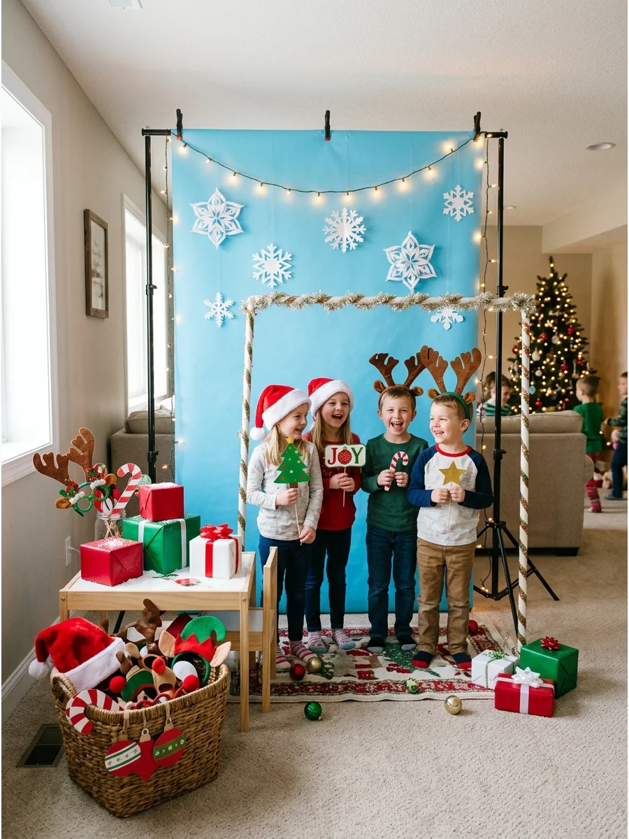A simple holiday photo booth setup with snowflakes and props.