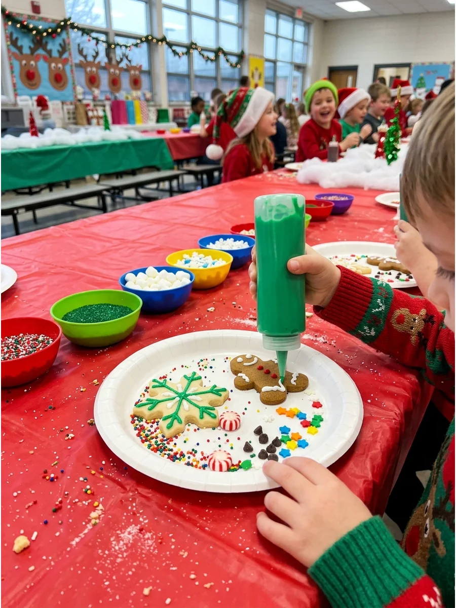 A cookie decorating station with green icing and festive sprinkles.