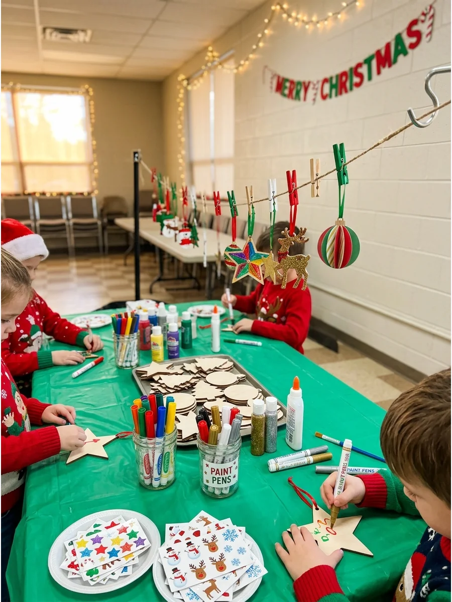 Wooden star ornaments and paint pens on a community center table.