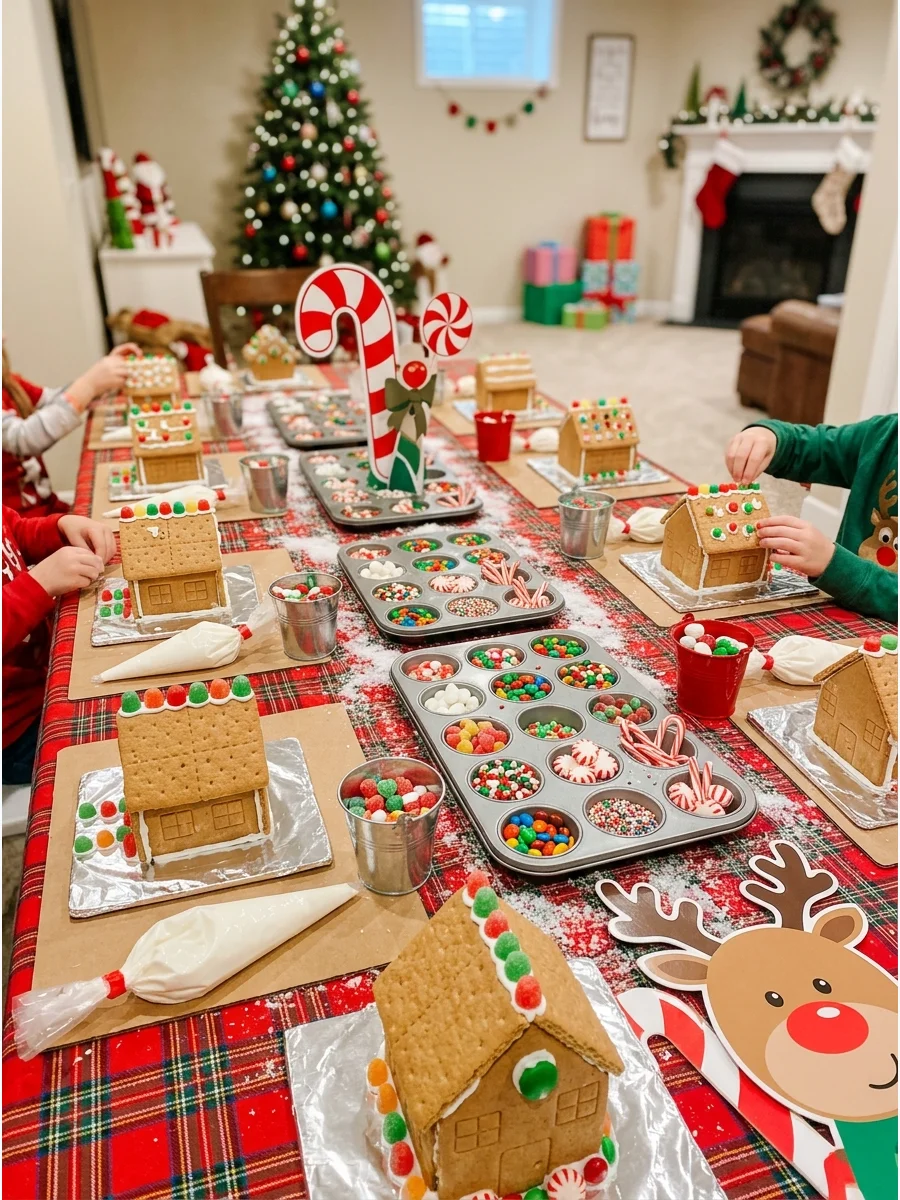 Miniature gingerbread houses with bowls of gumdrops and candy canes.