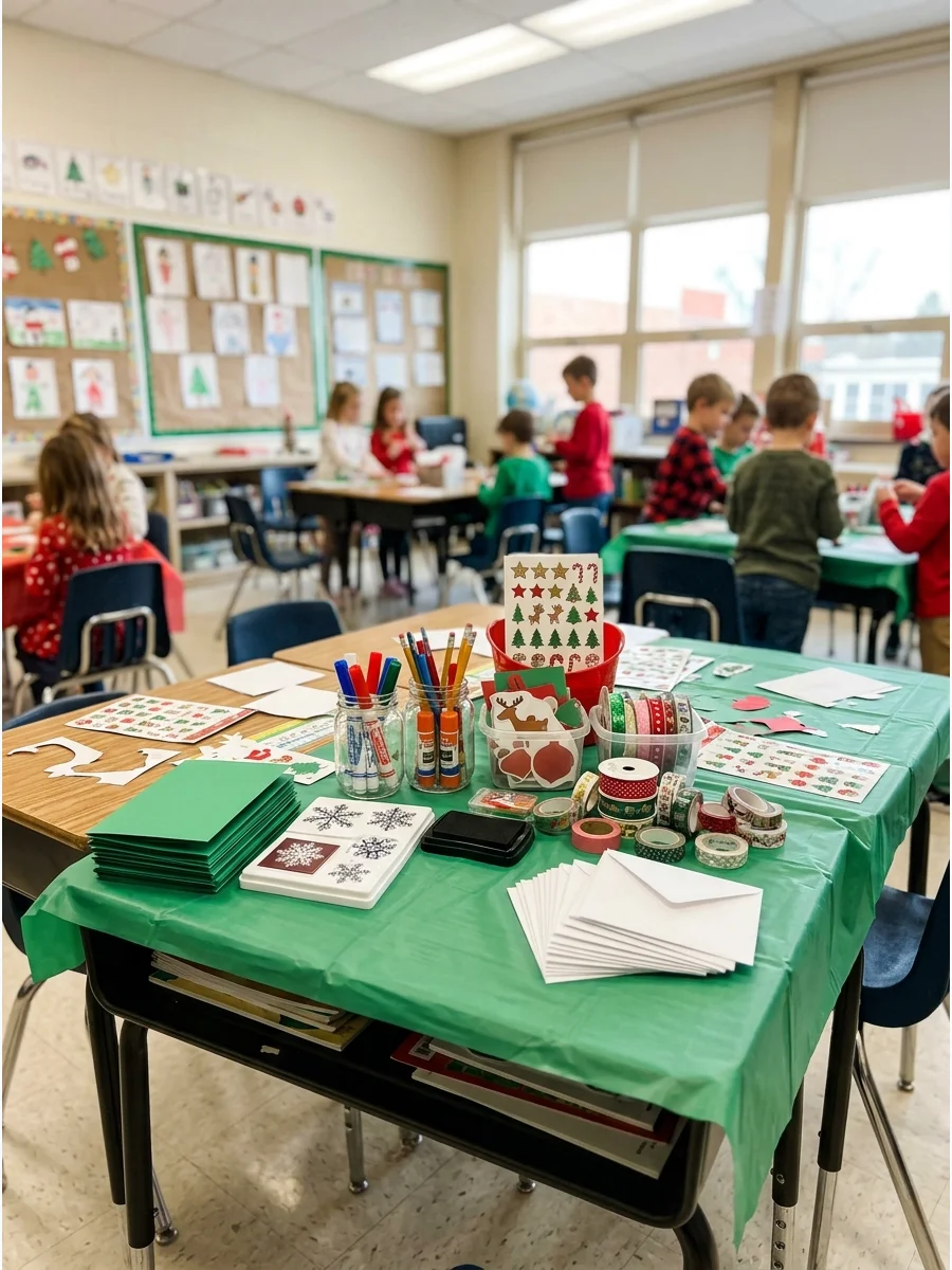 A card making station with colorful cardstock and holiday stamps.