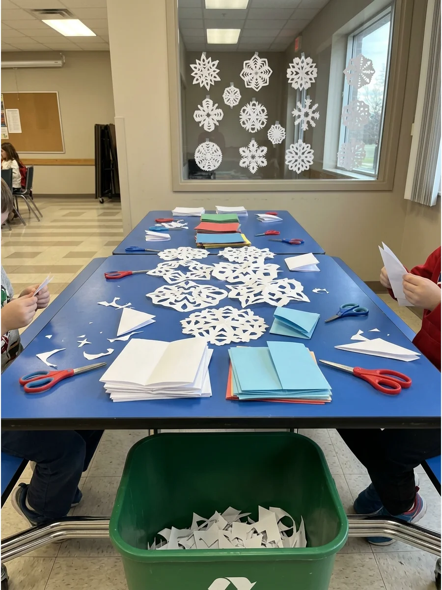 Intricate paper snowflakes on a blue table with child-safe scissors.