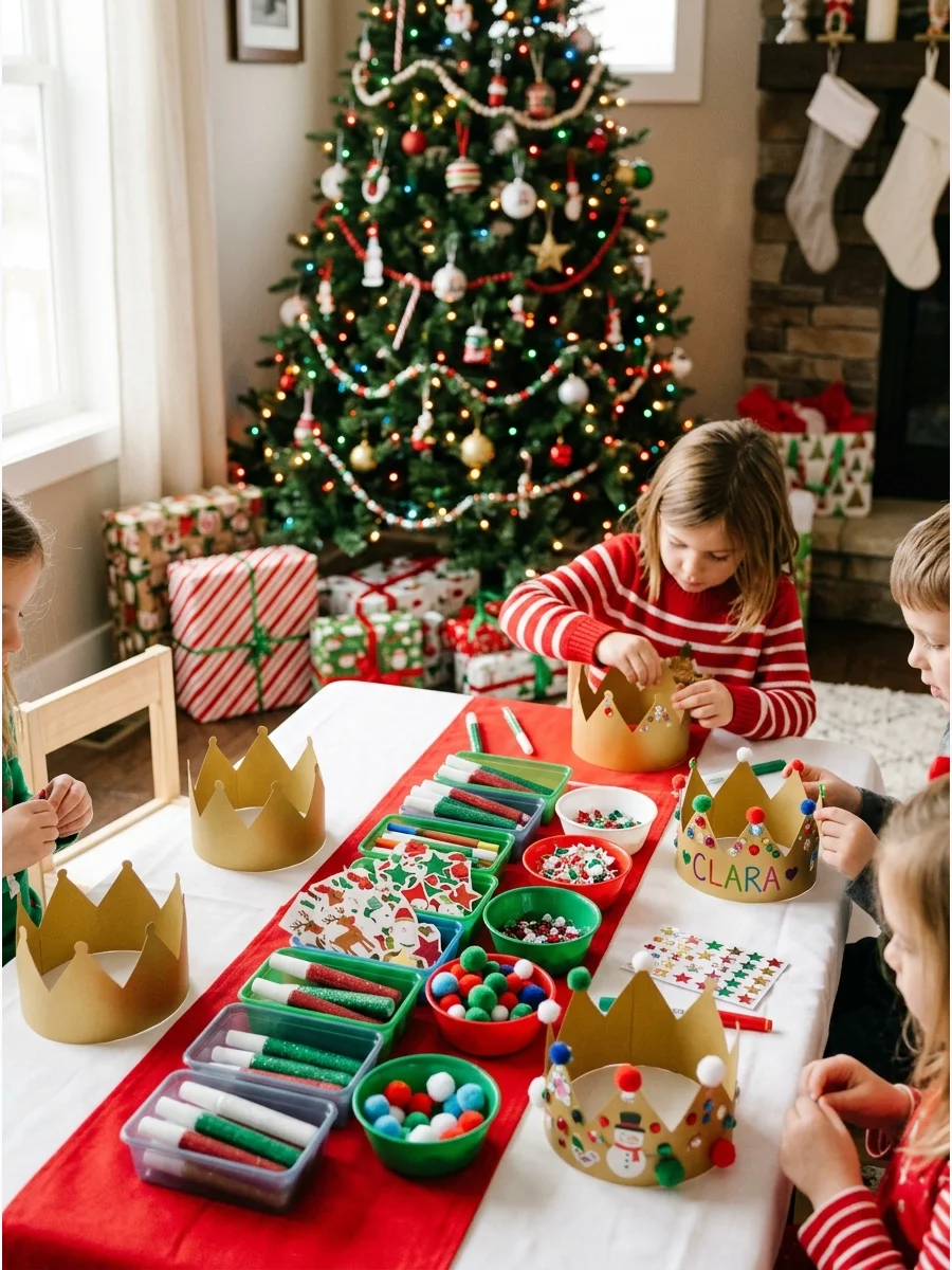 Gold paper crowns and festive stickers on a small wooden table.