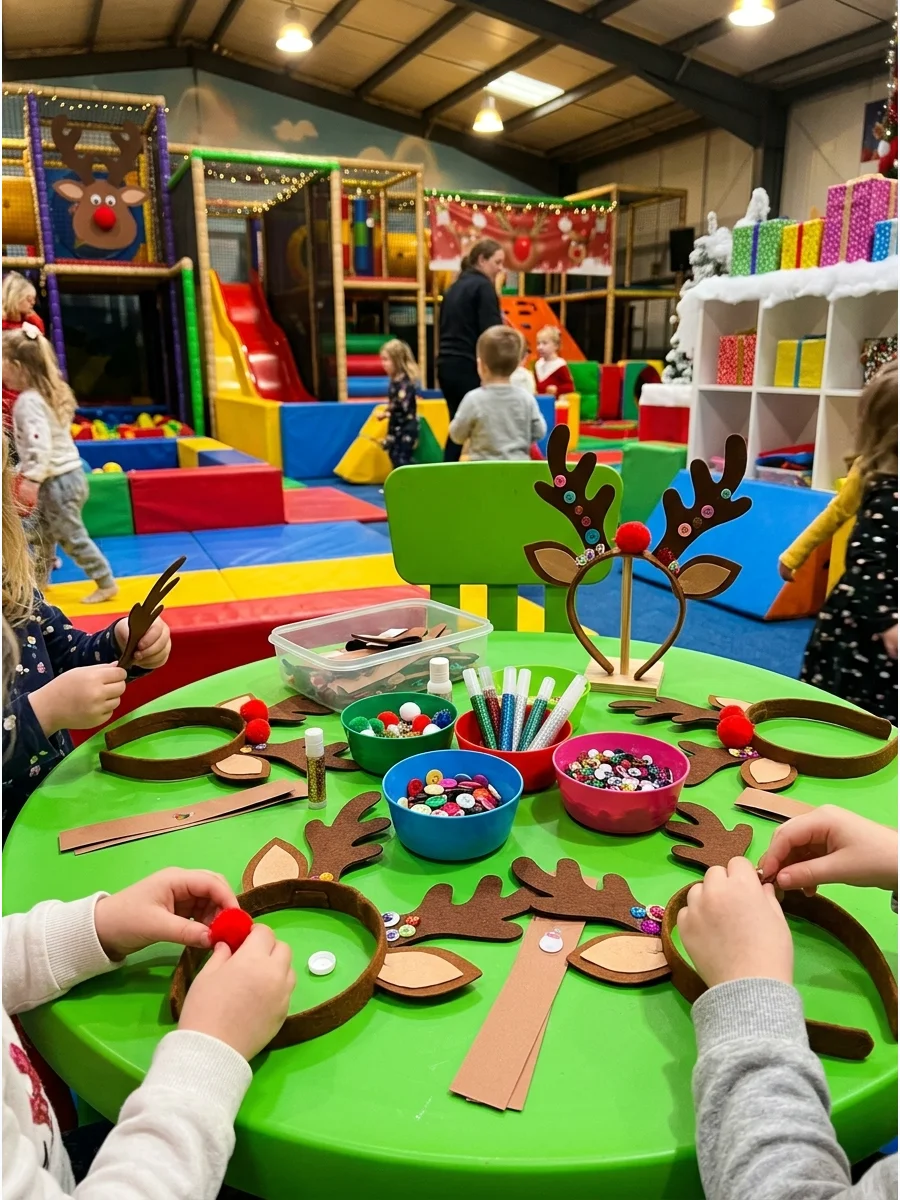 Felt reindeer antlers and red pom-pom noses on a green table.