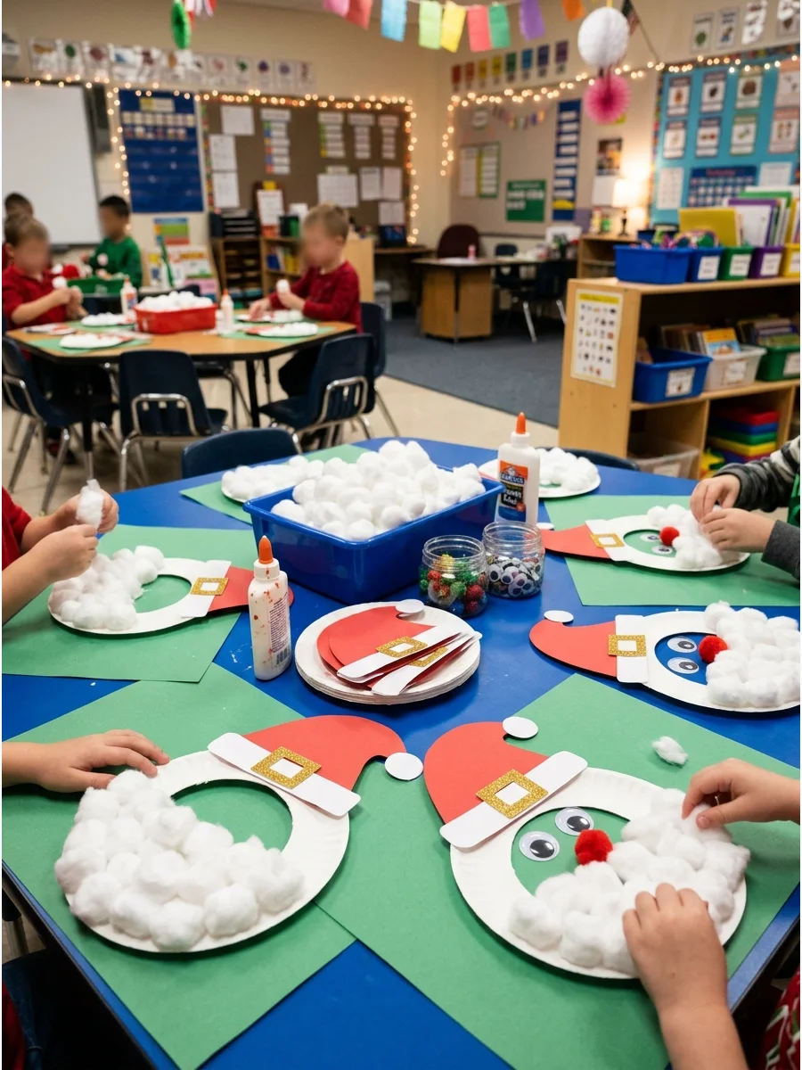 A handmade Santa beard craft made from a paper plate and cotton balls.