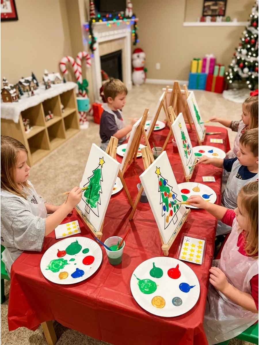 Small canvases and green paint on tabletop easels.