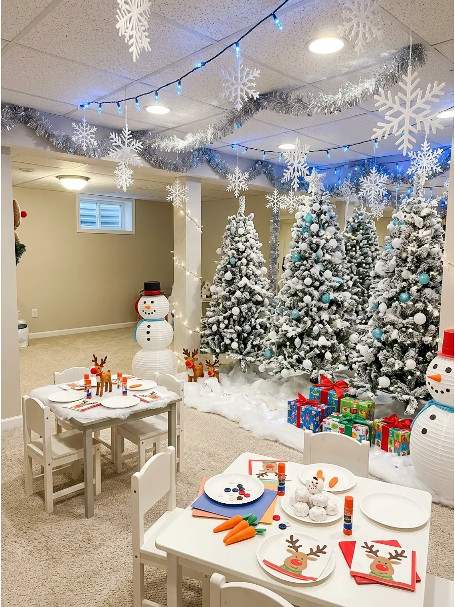 Indoor winter wonderland party with blue lights and hanging paper snowflakes.