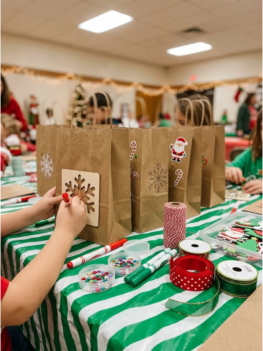 Decorated brown paper gift bags with markers and stencils.
