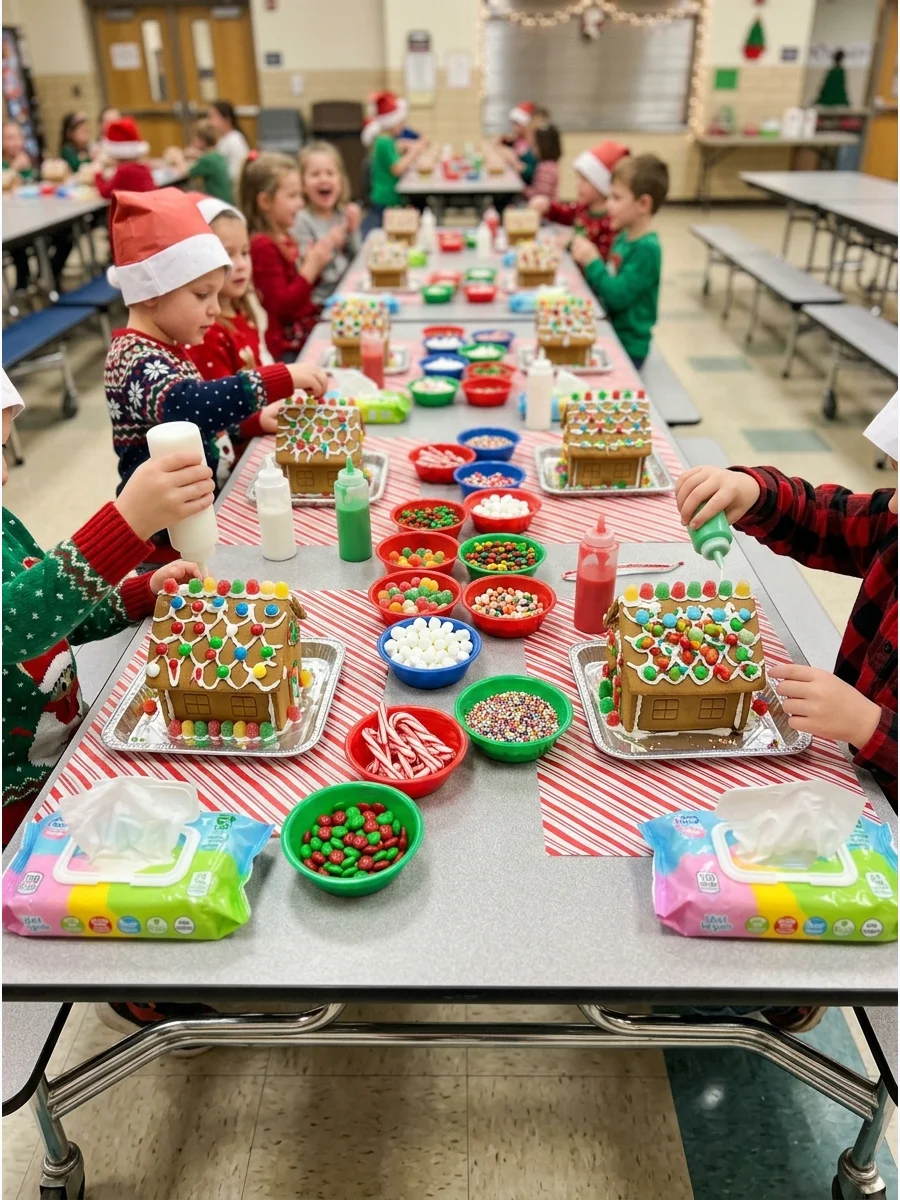 Cafeteria tables prepared with gingerbread houses and bowls of candy for decorating.