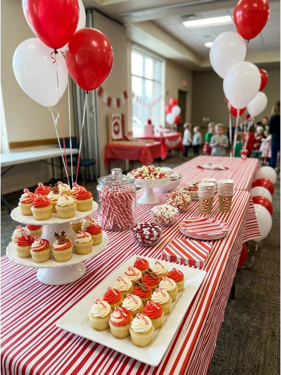 Red and white striped party decor with candy cane accents in a community room.