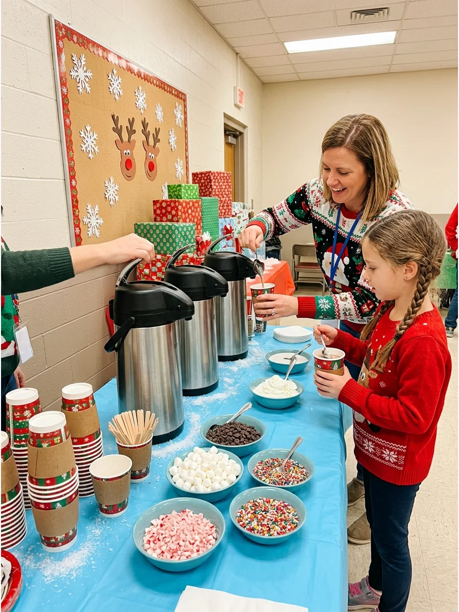 A hot cocoa station for kids with various toppings in bowls.