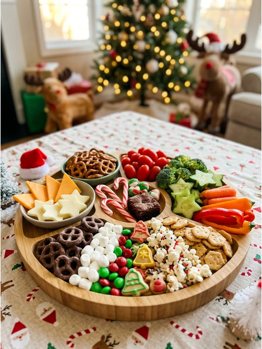 A colorful holiday snack board with fruit and cheese.