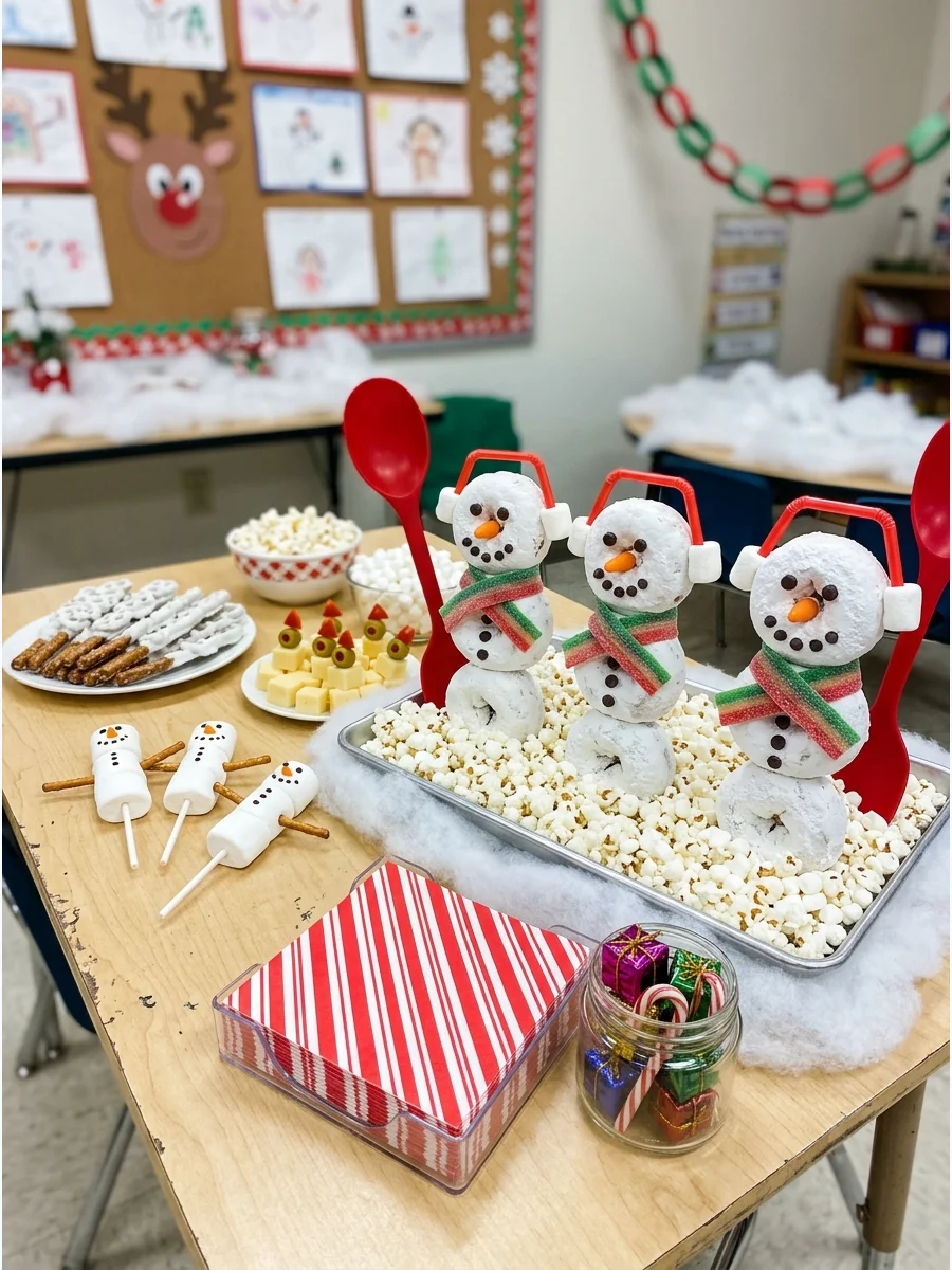Snowman snacks made from white donuts and candy.
