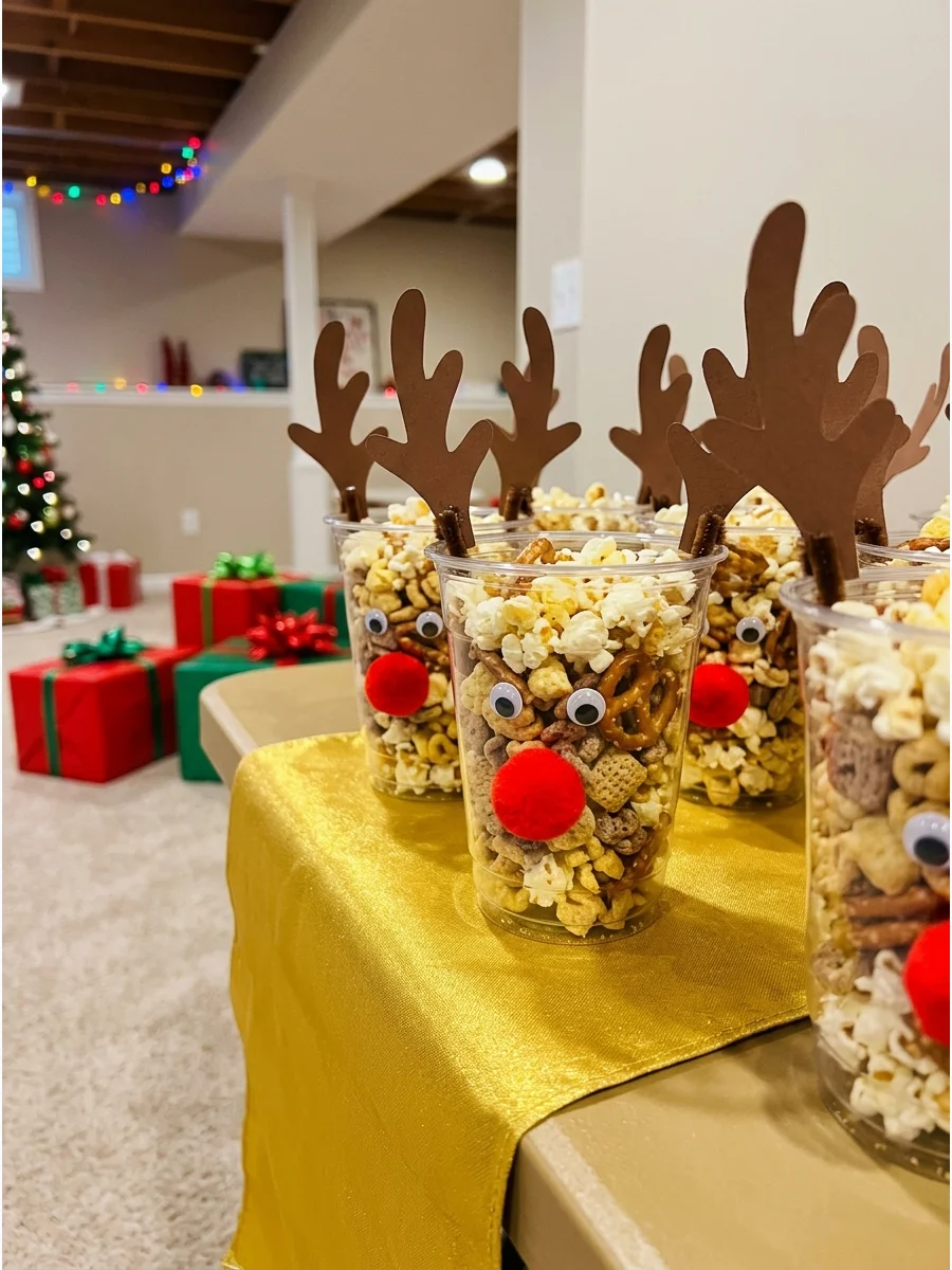 Clear snack cups decorated to look like reindeer faces.