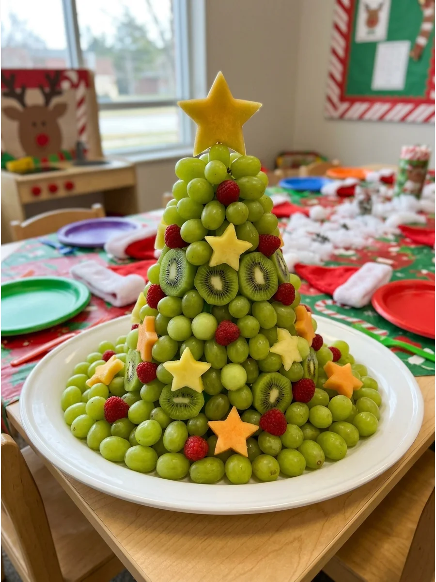 A fruit platter arranged in the shape of a Christmas tree.