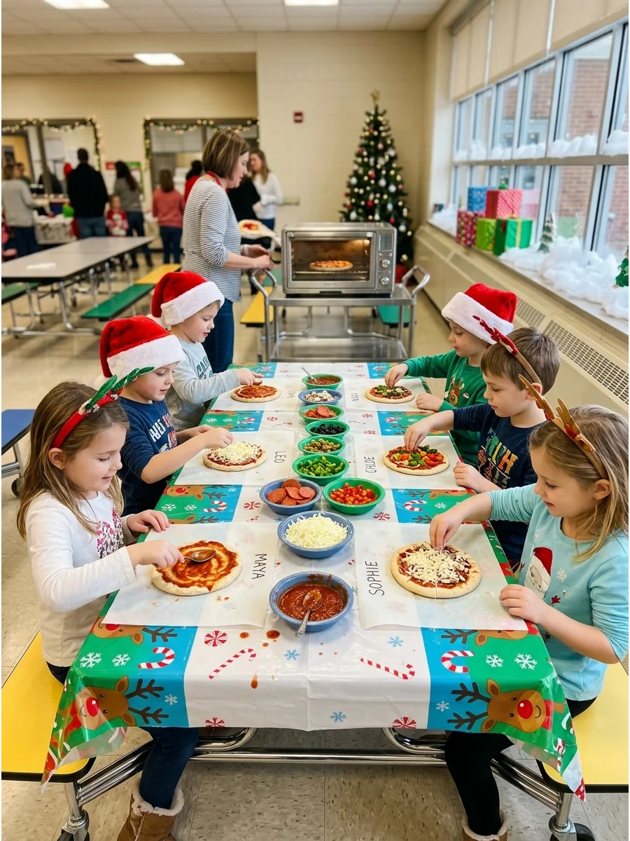 Kids assembling small personal pizzas at a long table.