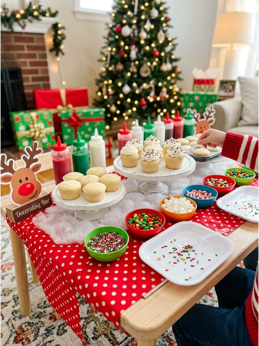 A cupcake decorating station with frosting and sprinkles.