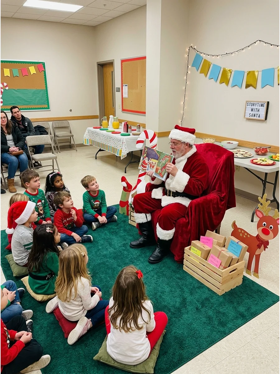 Santa Claus reading a book to a group of children.