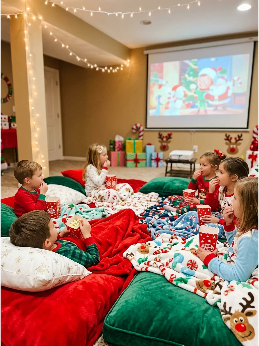 Kids watching a movie with popcorn in a cozy basement.
