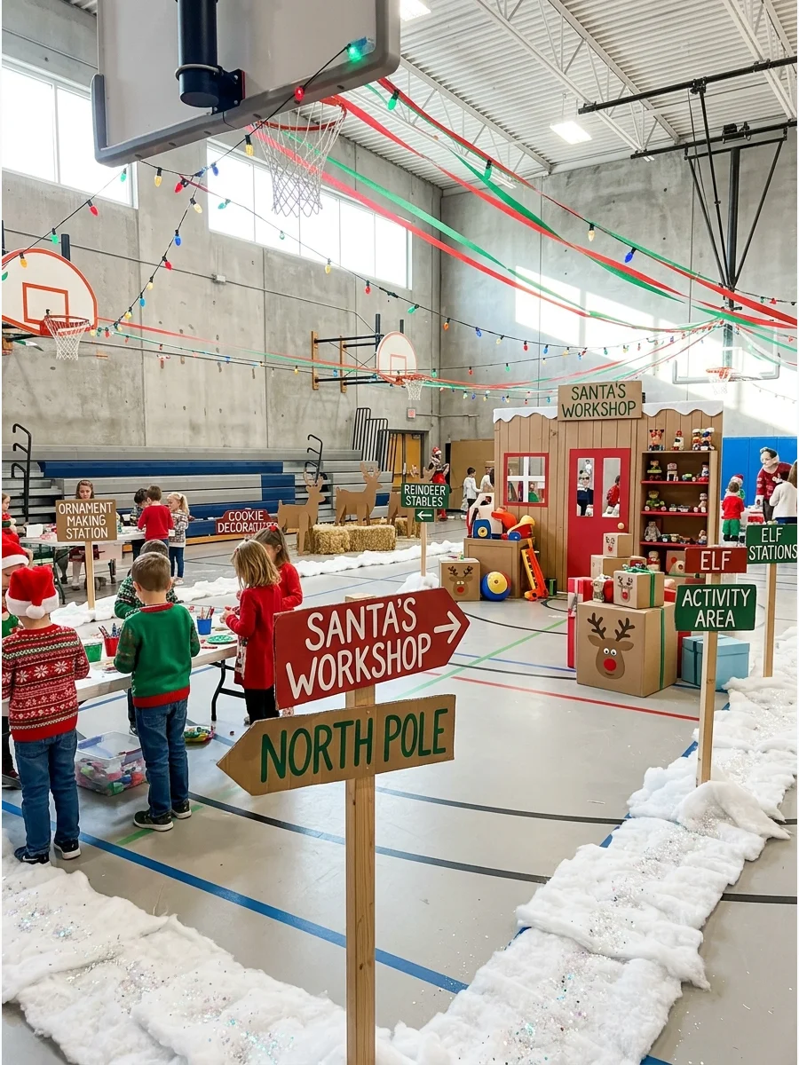 Gymnasium decorated as the North Pole with faux snow and directional signs.