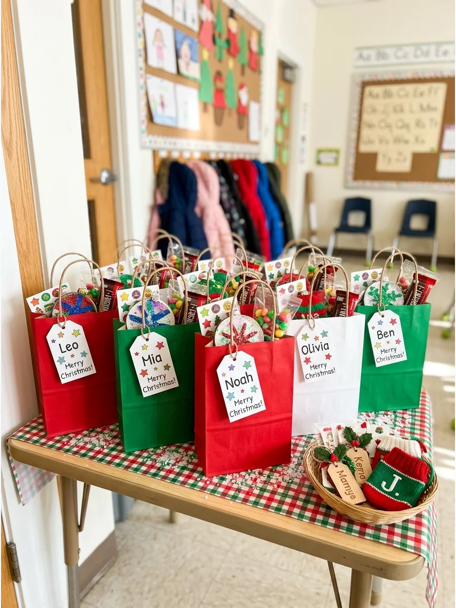 A decorated table with party favor bags for guests.