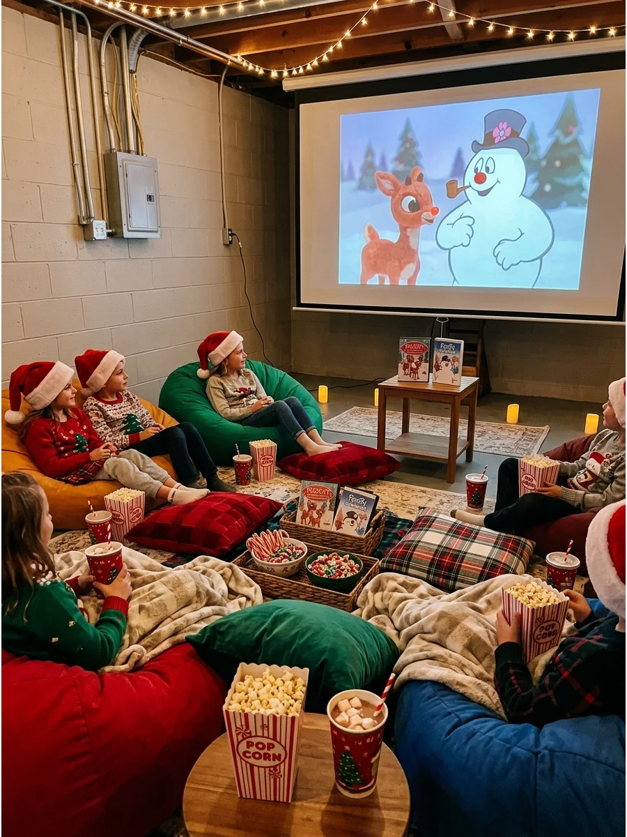Indoor movie setup with bean bags and a holiday film projected on a wall.