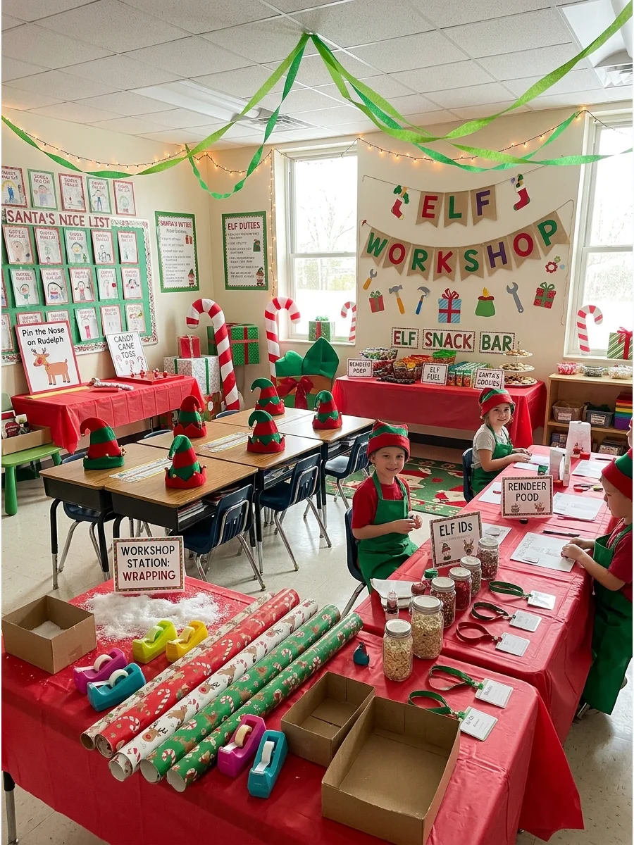 Classroom decorated for an elf party with hats and green streamers.