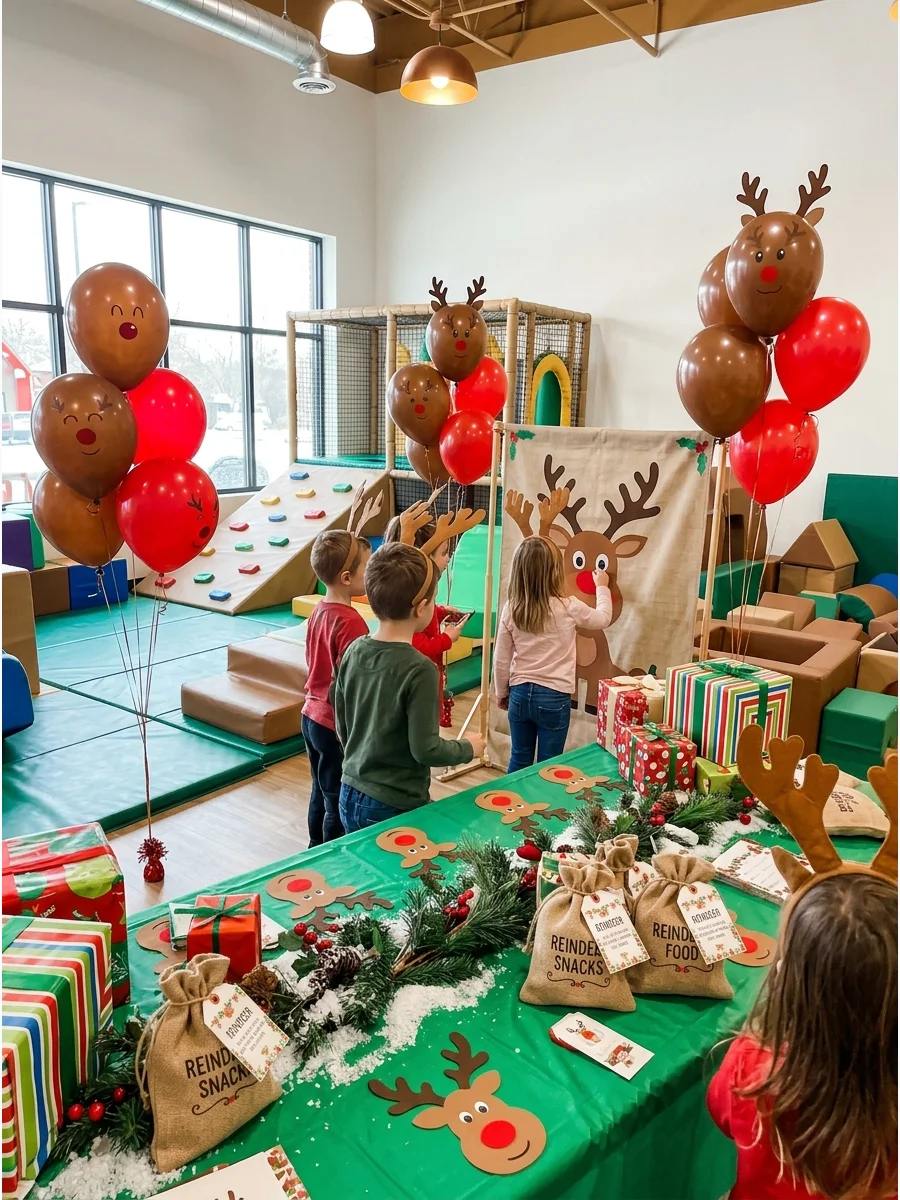 Reindeer themed party area with brown balloons and antler headbands.