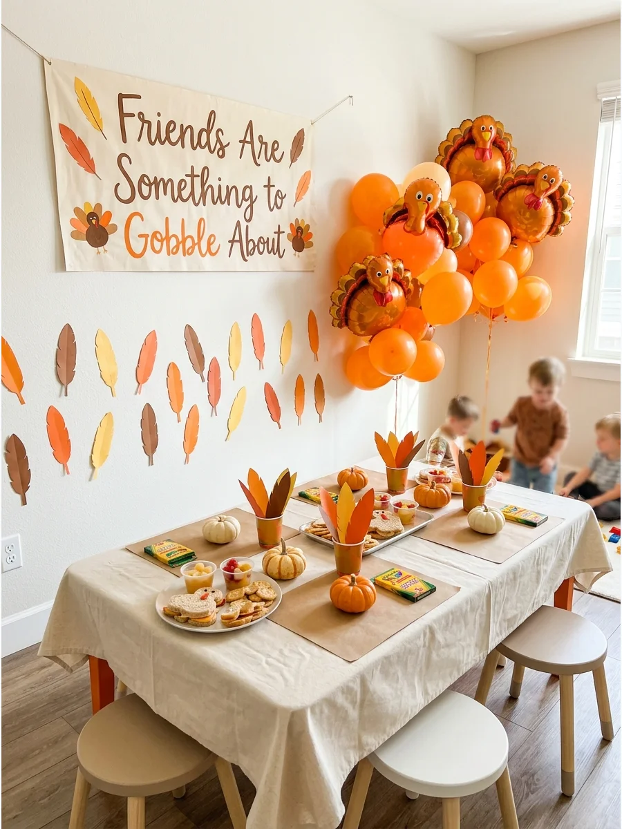 A playroom with turkey balloons and a festive Friendsgiving banner.