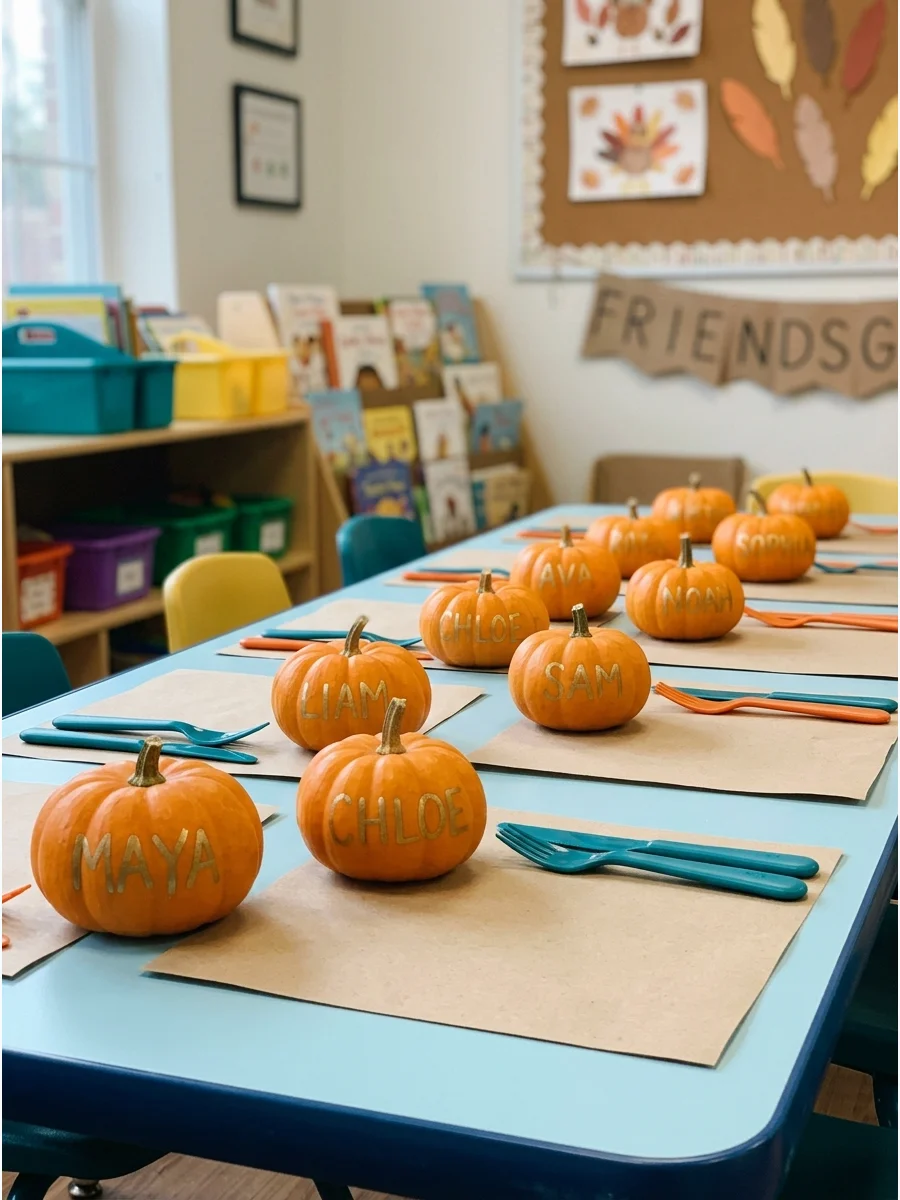 Mini pumpkins used as place cards with names written on them.