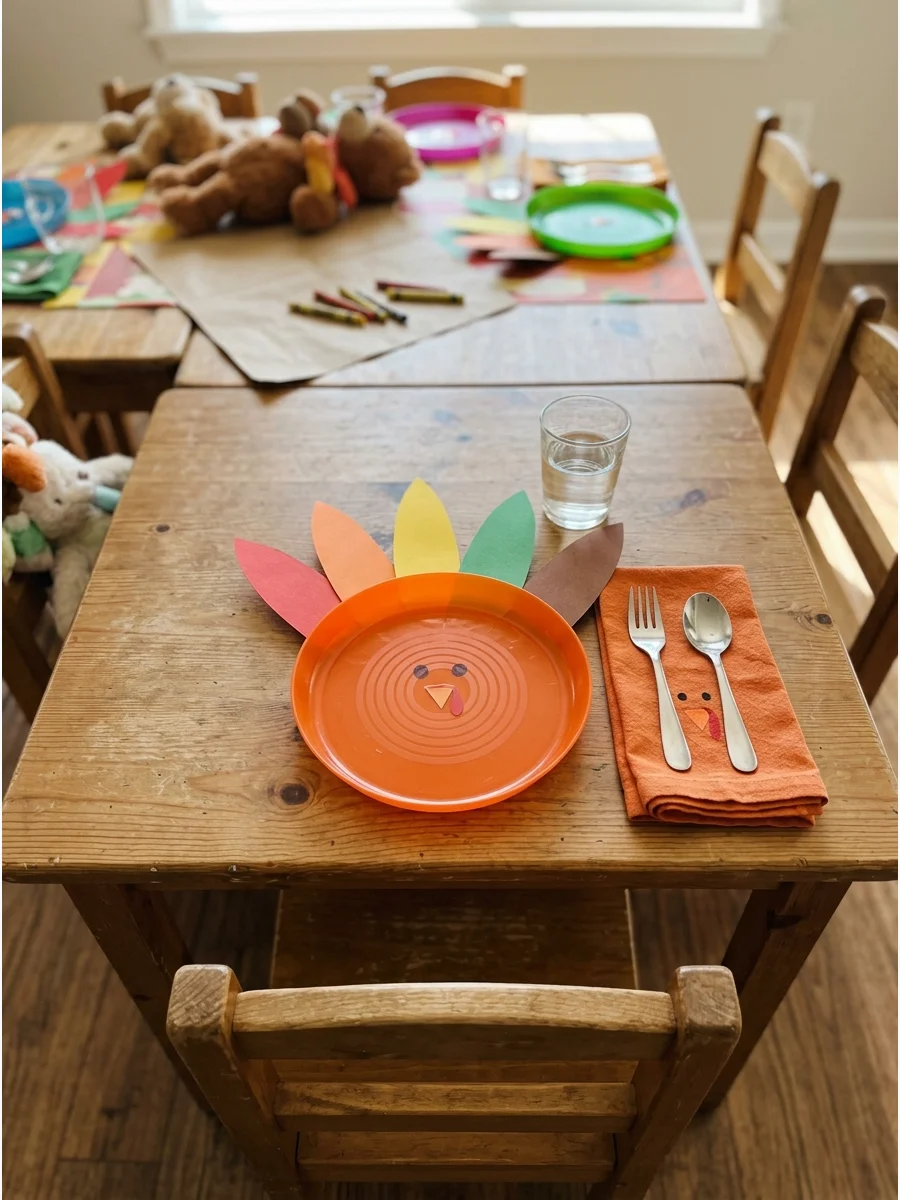 A paper plate decorated to look like a turkey with colorful paper feathers.
