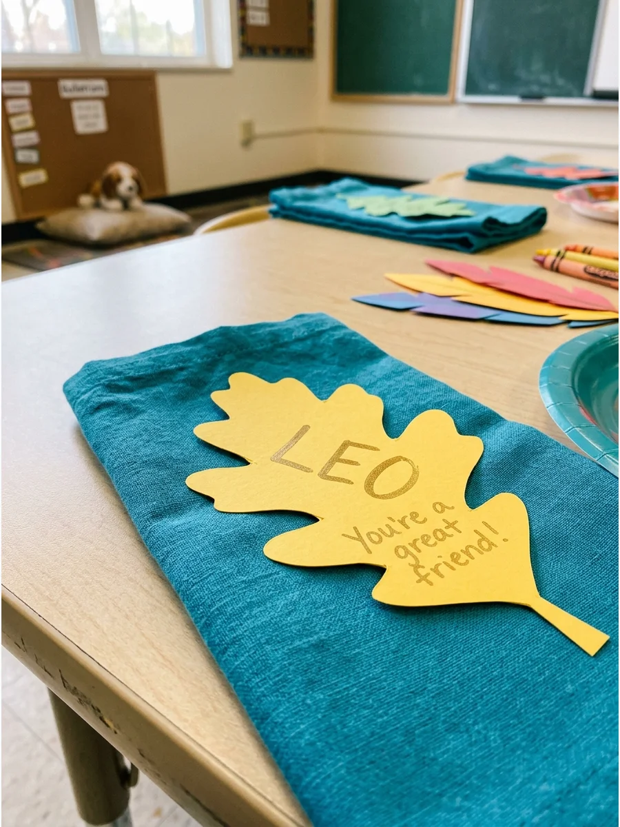 A yellow cardstock leaf used as a place card on a colorful napkin.
