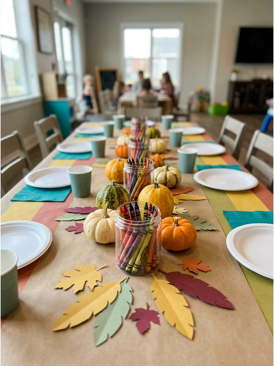 Crayons in clear jars used as a centerpiece on a long table.