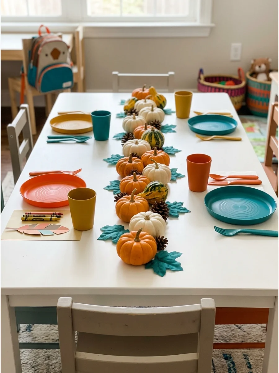 A simple table runner made of small pumpkins and silk leaves.