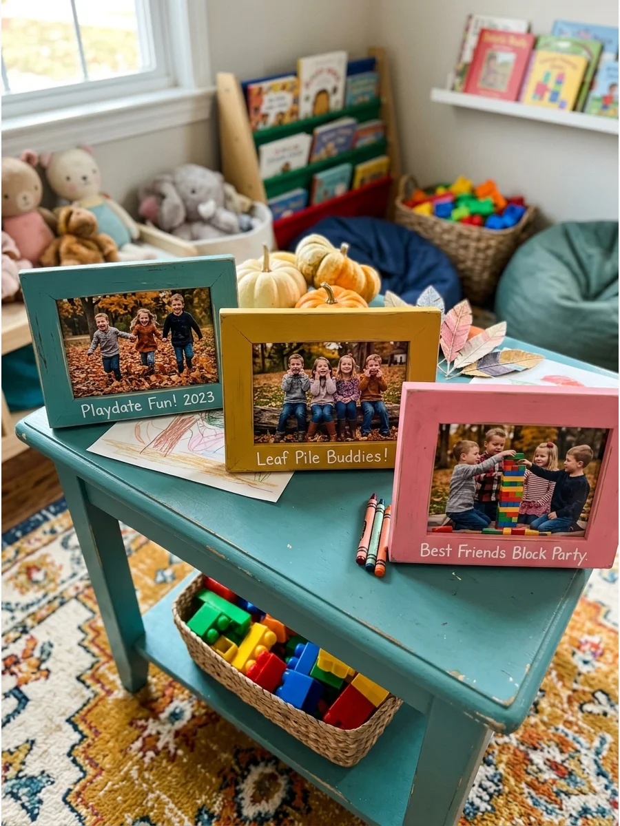 Small photo frames showing pictures of friends on a decorated table.