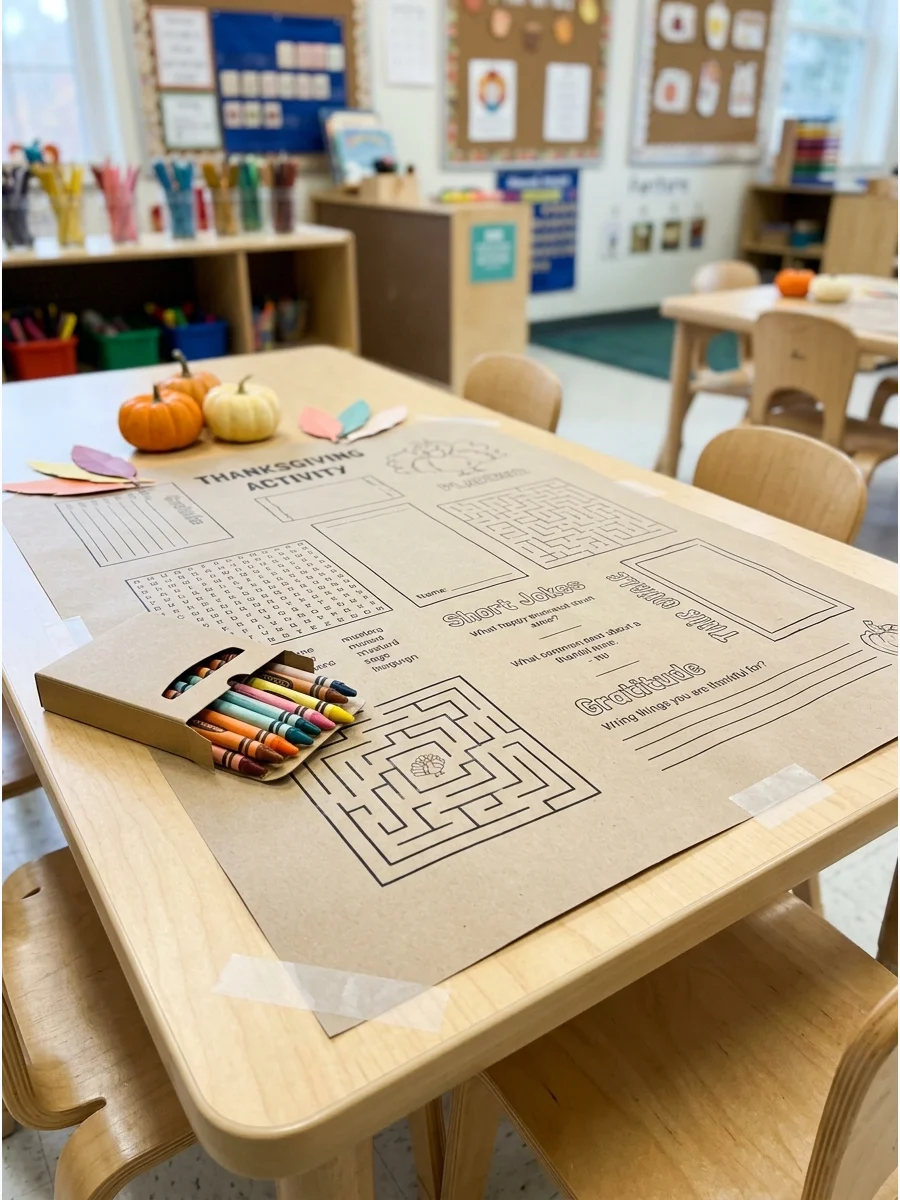 A paper activity placemat with coloring sections and a maze.