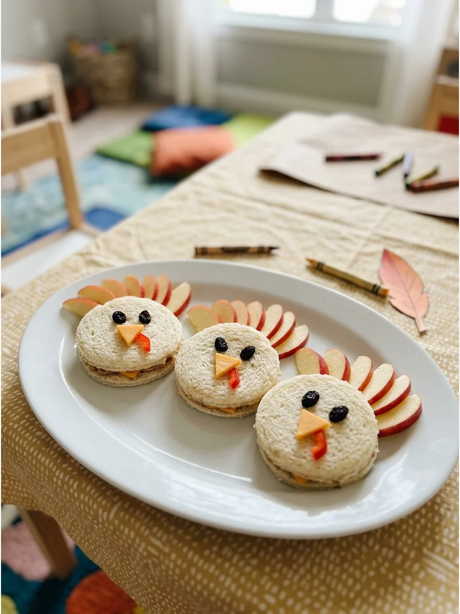 Sandwiches cut into circles and decorated to look like turkeys.