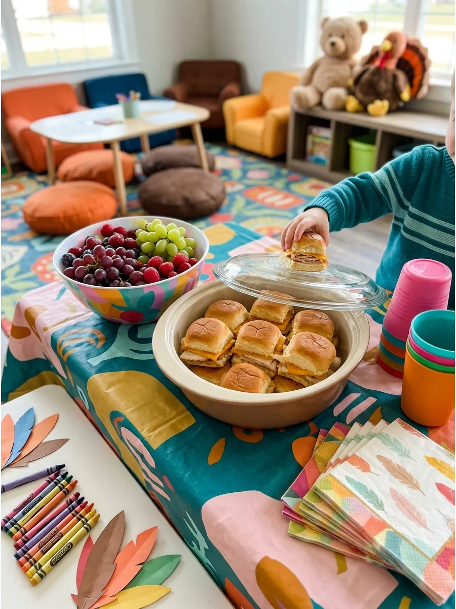 A tray of small turkey and cheese sliders on a party table.