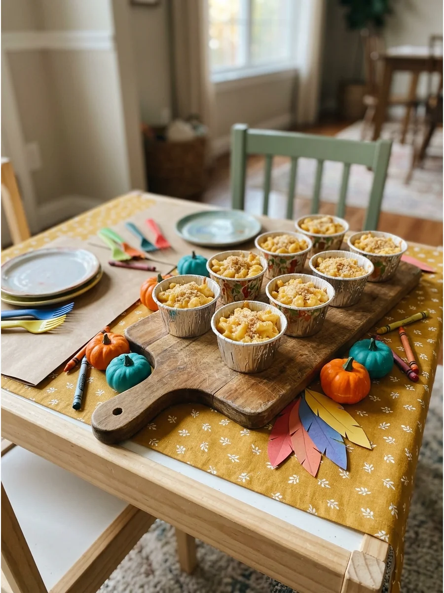 Individual portions of macaroni and cheese in colorful paper liners.