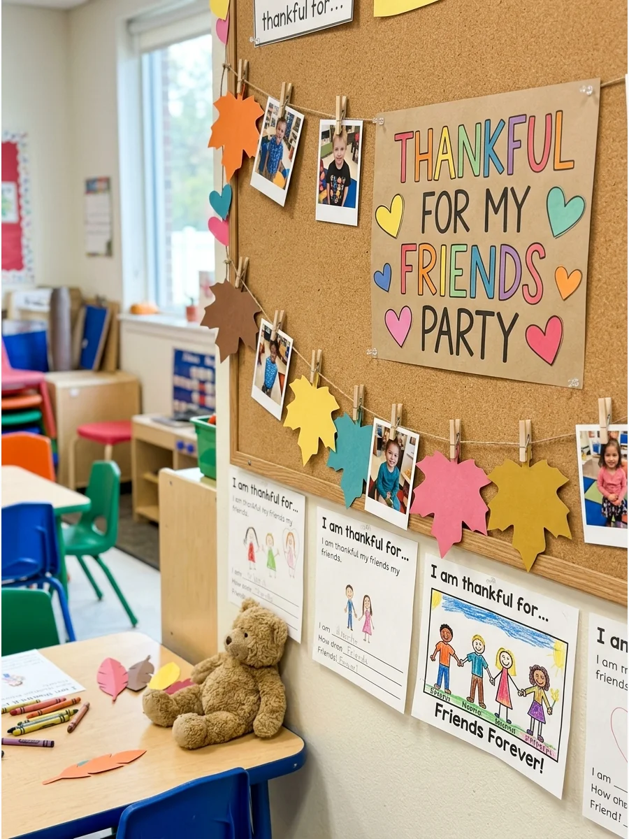 A wall display of photos and paper hearts in a classroom setting.