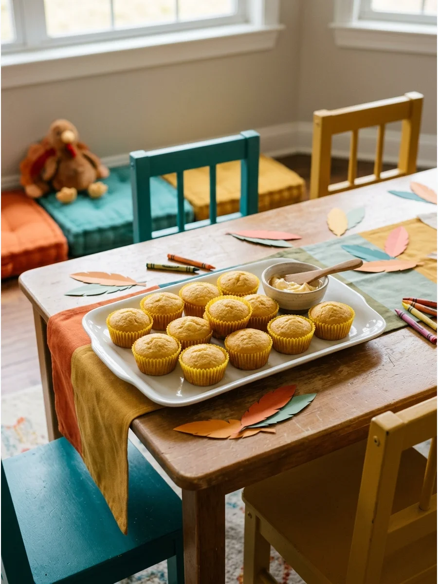 Mini cornbread muffins on a white platter for a kids party.