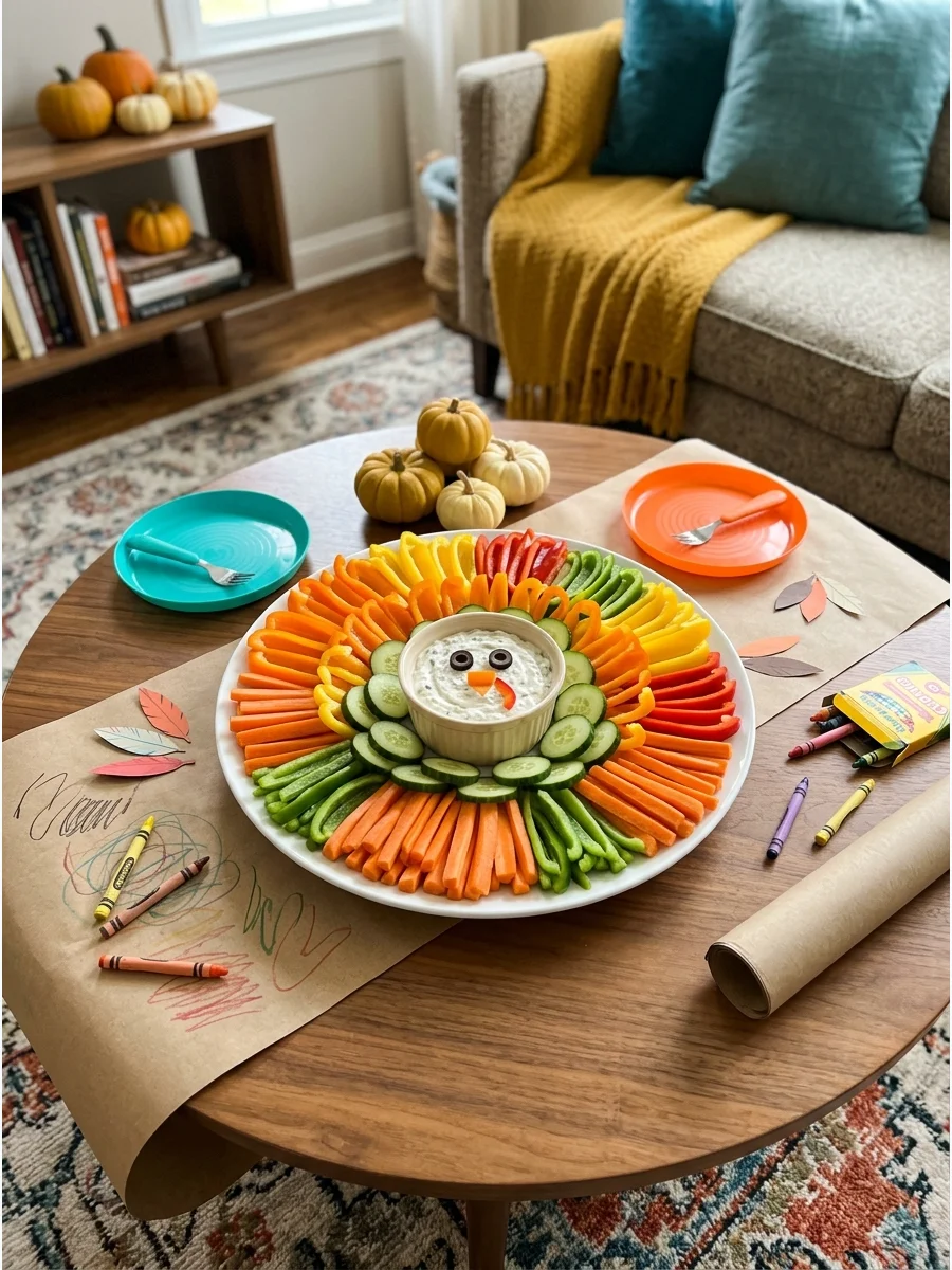 A vegetable platter shaped like a turkey with ranch dip.