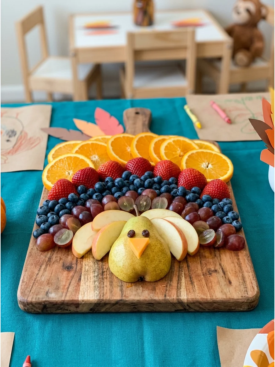 A fruit tray arranged to look like a turkey bird.