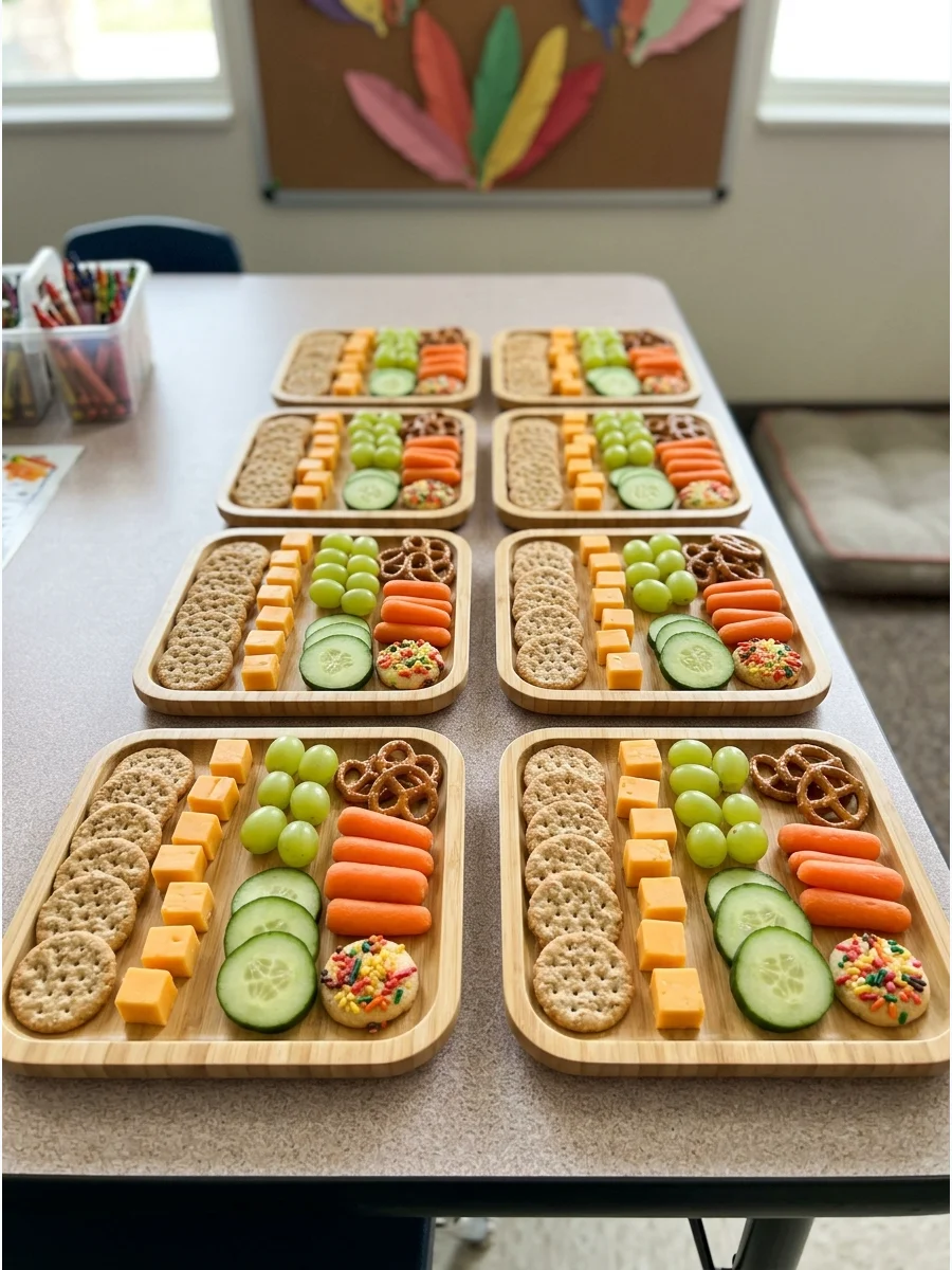 Individual snack boards for kids at a school party.