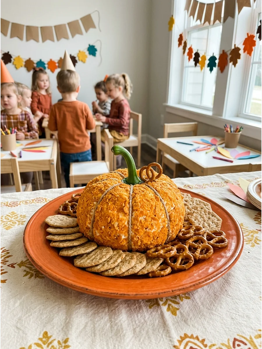 A cheese ball decorated to look like a small pumpkin.