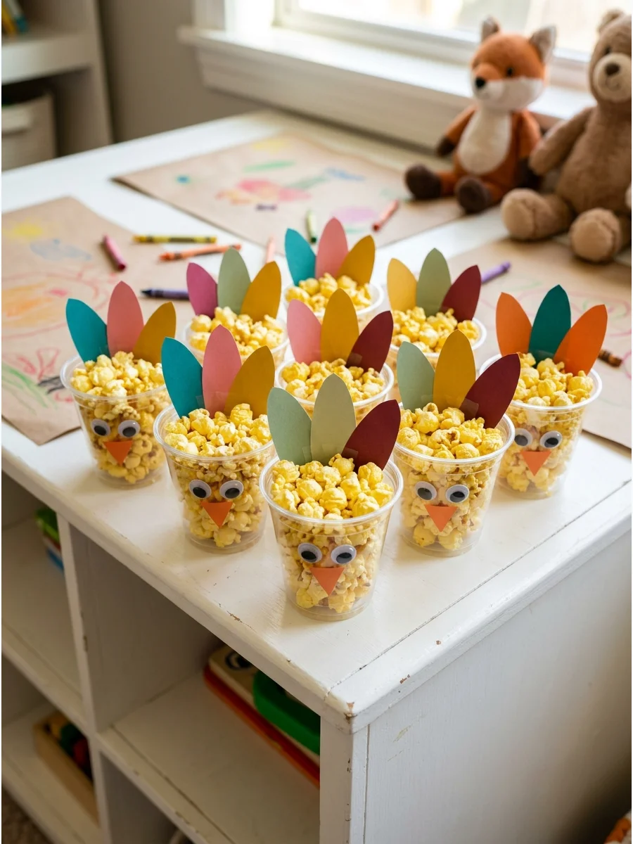 Popcorn snack cups decorated with turkey faces.